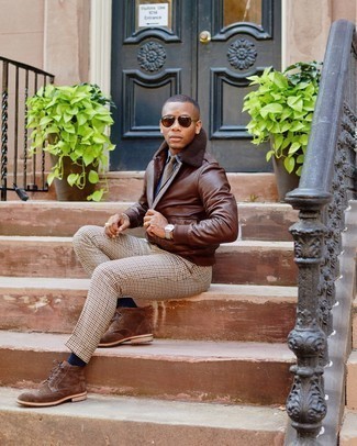 Brown Suede Brogue Boots Outfits: You'll be amazed at how super easy it is for any guy to throw together this classic and casual getup. Just a brown harrington jacket paired with beige check dress pants. Consider brown suede brogue boots as the glue that will pull this outfit together.