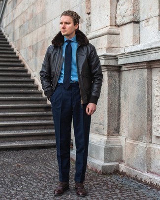 Tobacco Leather Oxford Shoes Outfits: A black leather harrington jacket and navy dress pants make for the ultimate elegant look. To bring a little fanciness to this look, add a pair of tobacco leather oxford shoes to the mix.