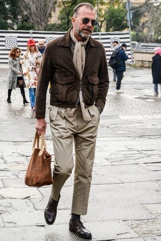Beige Scarf Outfits For Men: Consider teaming a dark brown suede harrington jacket with a beige scarf for a modern casual ensemble that's easy to wear. A pair of dark brown leather derby shoes instantly revs up the fashion factor of this getup.