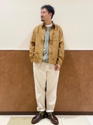 Tan Harrington Jacket Outfits: A tan harrington jacket and white chinos are both versatile menswear essentials that will integrate brilliantly within your day-to-day styling repertoire. Finishing off with dark brown leather monks is an easy way to add a little flair to this ensemble.