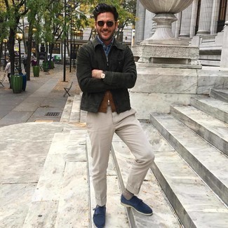 Olive Harrington Jacket Outfits: For a surefire casual option, you can never go wrong with this pairing of an olive harrington jacket and beige chinos. A pair of navy suede double monks easily polishes up any ensemble.