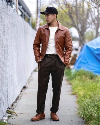Brown Leather Derby Shoes Outfits: If you're looking for an off-duty and at the same time dapper look, make a brown harrington jacket and dark brown wool chinos your outfit choice. And if you need to immediately up the style ante of this outfit with footwear, why not add brown leather derby shoes to the equation?