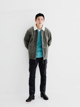 Olive Harrington Jacket Outfits: An olive harrington jacket and black corduroy chinos are veritable menswear must-haves if you're figuring out an off-duty wardrobe that matches up to the highest sartorial standards. Give an elegant twist to an otherwise too-common getup by finishing with black leather chelsea boots.