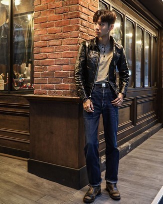 Silver Bracelet Outfits For Men: If you’re a jeans-and-a-tee kind of guy, you'll like this straightforward combo of a black leather harrington jacket and a silver bracelet. Black leather chelsea boots are a guaranteed way to give a dose of polish to this ensemble.