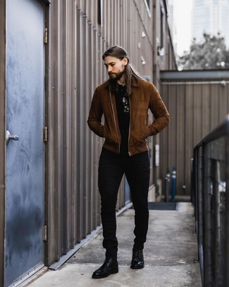 Dark Brown Suede Harrington Jacket Outfits: A dark brown suede harrington jacket and black jeans are the perfect base for a multitude of dapper looks. You can get a little creative in the shoe department and complement your outfit with black leather casual boots.