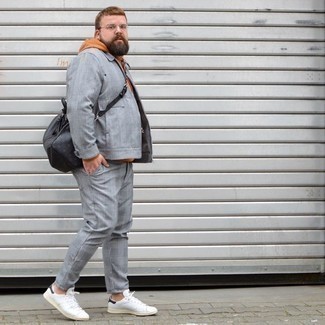 Grey Harrington Jacket Outfits: The go-to for killer relaxed style for men? A grey harrington jacket with grey chinos. For a more casual aesthetic, why not complete this outfit with white and black canvas low top sneakers?