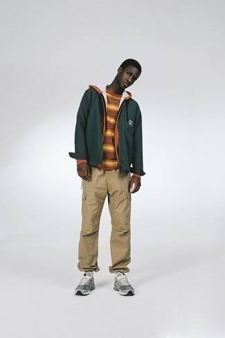 Men's Dark Green Harrington Jacket, Orange Hoodie, Orange Horizontal Striped Crew-neck T-shirt, Khaki Cargo Pants