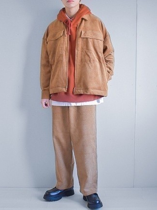 Monks Outfits: If you feel more confident in comfortable clothes, you'll like this stylish combination of a tan corduroy harrington jacket and khaki corduroy chinos. Kick up your whole ensemble by slipping into a pair of monks.