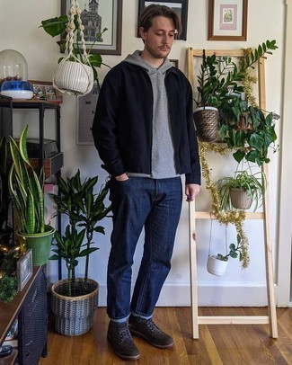 Grey Hoodie Outfits For Men: Try teaming a grey hoodie with navy jeans for both seriously stylish and easy-to-create getup. Add a pair of dark brown suede derby shoes to the equation for an instant style lift.
