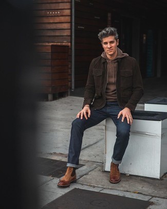 Dark Brown Suede Harrington Jacket Outfits: This combo of a dark brown suede harrington jacket and navy jeans looks awesome and makes you look infinitely cooler. You know how to dress it up: brown suede chelsea boots.
