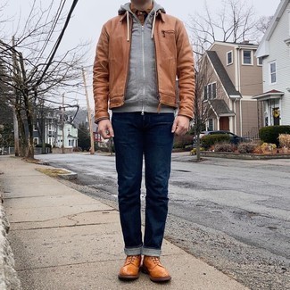 Brogue Boots Outfits: Wear a brown harrington jacket and navy jeans to put together a seriously sharp and modern-looking off-duty outfit. And if you want to effortlessly amp up this ensemble with one piece, why not complement your ensemble with a pair of brogue boots?