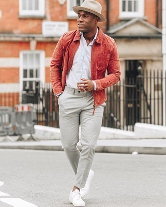 Red Harrington Jacket Outfits: If you feel more confident in functional clothes, you'll appreciate this laid-back combination of a red harrington jacket and grey chinos. For something more on the daring side to finish your ensemble, introduce white canvas low top sneakers to this outfit.