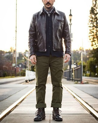 Grey Bandana Outfits For Men: This urban combo of a dark brown leather harrington jacket and a grey bandana is capable of taking on different nuances according to the way you style it. If you need to immediately rev up your getup with a pair of shoes, add dark brown leather casual boots to your look.
