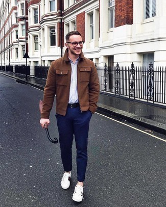 Brown Wool Harrington Jacket Outfits: For an ensemble that delivers comfort and dapperness, consider wearing a brown wool harrington jacket and navy chinos. White print leather low top sneakers add edginess to an otherwise mostly dressed-up look.