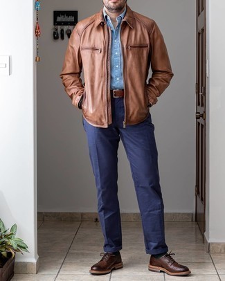 Brown Leather Brogues Outfits: This combo of a brown harrington jacket and navy chinos is on the off-duty side but will guarantee that you look stylish and really stylish. Brown leather brogues will add a strong and masculine feel to any look.