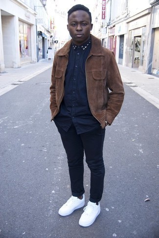 Brown Suede Harrington Jacket Outfits: This combination of a brown suede harrington jacket and navy chinos makes for the perfect foundation for a myriad of combinations. Let your sartorial credentials really shine by finishing this ensemble with a pair of white leather low top sneakers.