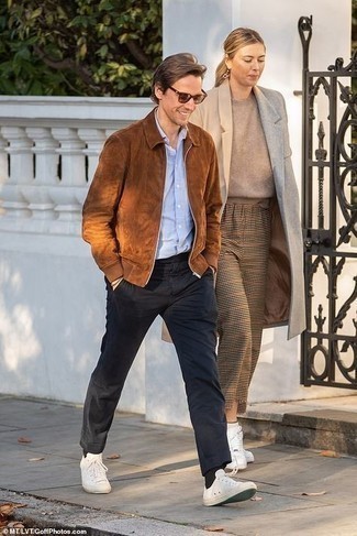 Brown Harrington Jacket Outfits: This combination of a brown harrington jacket and black chinos looks pulled together and instantly makes you look cool. White canvas low top sneakers are a simple way to infuse a hint of stylish casualness into your getup.