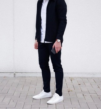 Navy Harrington Jacket Outfits: Breathe style into your current casual collection with a navy harrington jacket and navy chinos. To inject an easy-going vibe into this getup, slip into white leather low top sneakers.
