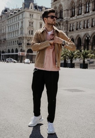 Pink Long Sleeve Shirt Outfits For Men: Rock a pink long sleeve shirt with black chinos for an on-trend, laid-back ensemble. White athletic shoes are an easy way to add an air of stylish effortlessness to your outfit.