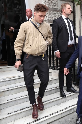 Beige Harrington Jacket Outfits: Teaming a beige harrington jacket and black dress pants is a surefire way to breathe style into your styling repertoire. Rounding off with a pair of burgundy leather casual boots is an easy way to bring a touch of stylish nonchalance to your outfit.