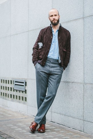 Brown Leather Derby Shoes Spring Outfits: A dark brown suede harrington jacket looks so elegant when matched with grey wool dress pants. Complement your look with a pair of brown leather derby shoes for maximum style. This getup is a wonderful option when spring comes.