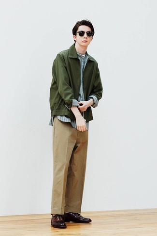 Olive Harrington Jacket Outfits: Go for a stylish outfit in an olive harrington jacket and khaki dress pants. Let's make a bit more effort now and add a pair of burgundy leather oxford shoes to the equation.