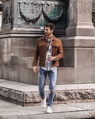 Tobacco Harrington Jacket Outfits: Consider pairing a tobacco harrington jacket with light blue ripped jeans for an easy-to-style outfit. Feeling transgressive? Change up this look by rounding off with a pair of white canvas low top sneakers.