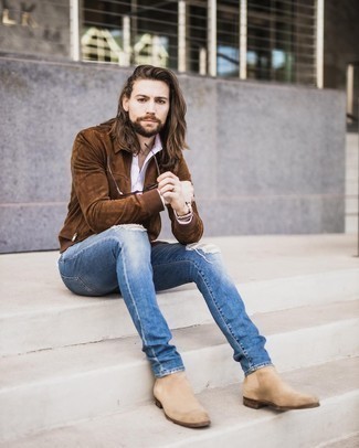 Dark Brown Suede Harrington Jacket Outfits: Nail the effortlessly dapper look by wearing a dark brown suede harrington jacket and blue ripped jeans. Take this outfit a classier path by finishing off with beige suede chelsea boots.