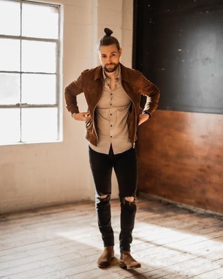 Brown Suede Harrington Jacket Outfits: Breathe a relaxed touch into your daily routine with a brown suede harrington jacket and black ripped jeans. Wondering how to complete this look? Finish off with a pair of brown suede chelsea boots to step up the style factor.