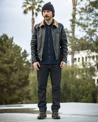 Charcoal Beanie Outfits For Men: A black leather harrington jacket and a charcoal beanie are a good pairing that will effortlessly carry you throughout the day and into the night. If you want to effortlessly polish off this look with a pair of shoes, why not complement this look with a pair of black leather casual boots?