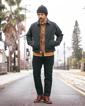 Men's Charcoal Harrington Jacket, Tobacco Long Sleeve Shirt, Black Jeans, Brown Leather Casual Boots