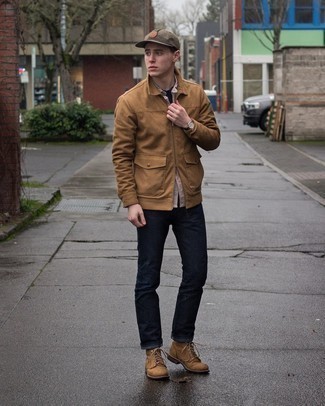 Tan Harrington Jacket Outfits: The combination of a tan harrington jacket and navy jeans makes this a solid casual menswear style. And if you wish to easily ramp up this ensemble with a pair of shoes, introduce tan suede casual boots to your outfit.