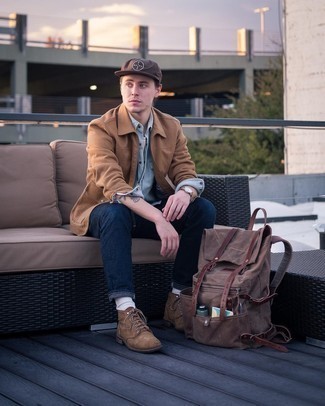 Brown Baseball Cap Outfits For Men: This city casual combo of a tan harrington jacket and a brown baseball cap is very easy to throw together in next to no time, helping you look dapper and ready for anything without spending a ton of time digging through your closet. When it comes to footwear, go for something on the more elegant end of the spectrum by finishing off with brown suede casual boots.