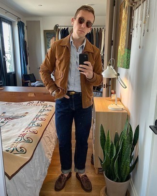 Brown Suede Harrington Jacket Outfits: This pairing of a brown suede harrington jacket and navy jeans is perfect for off-duty days. Finishing off with a pair of dark brown leather loafers is a fail-safe way to add a little flair to this ensemble.