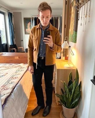 Brown Harrington Jacket Outfits: A brown harrington jacket and black jeans will add serious style to your current casual arsenal. With shoes, you can take a more elegant route with a pair of black leather chelsea boots.