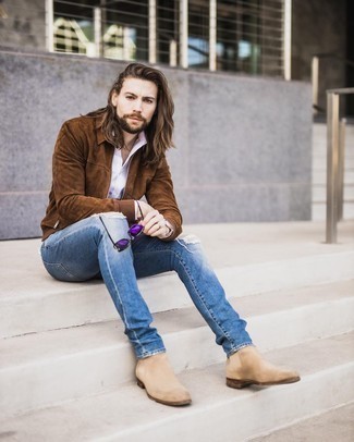 Pink Long Sleeve Shirt Outfits For Men: If you're a fan of relaxed dressing, why not team a pink long sleeve shirt with blue ripped skinny jeans? To give this look a more elegant aesthetic, introduce a pair of beige suede chelsea boots to the mix.