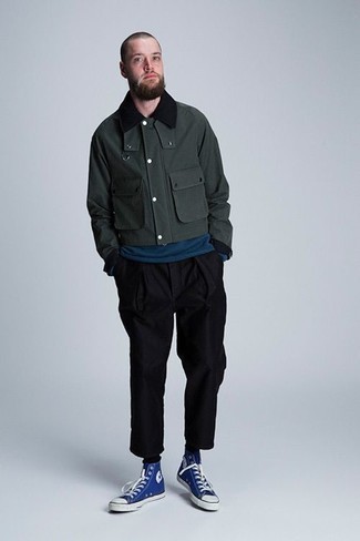 Olive Harrington Jacket Outfits: This pairing of an olive harrington jacket and black chinos is the ultimate casual style for today's guy. For a more casual spin, add blue canvas high top sneakers to the equation.