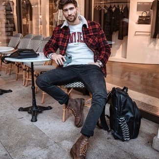 Black Leather Backpack Outfits For Men: Team a red and black check harrington jacket with a black leather backpack for a laid-back take on day-to-day menswear. Feeling inventive today? Jazz things up by slipping into a pair of brown leather casual boots.