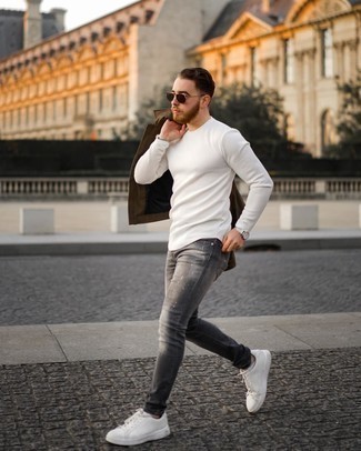 Grey Print Jeans Outfits For Men: For a neat and relaxed outfit, opt for a brown harrington jacket and grey print jeans — these two pieces go really well together. White canvas low top sneakers are a nice pick to complete this look.