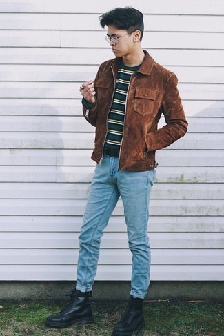 Brown Suede Harrington Jacket Outfits: This pairing of a brown suede harrington jacket and light blue skinny jeans is great for casual situations. A pair of black leather casual boots effortlessly steps up the classy factor of this outfit.