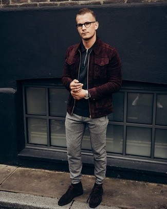 Brown Suede Desert Boots Casual Outfits: This combo of a burgundy harrington jacket and grey chinos spells versatility and comfortable menswear style. Brown suede desert boots pull the look together.
