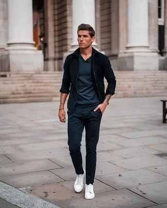 Navy Harrington Jacket Outfits: Dial it down for the day in this practical combo of a navy harrington jacket and navy chinos. Add white leather low top sneakers to this look to avoid looking overdressed.