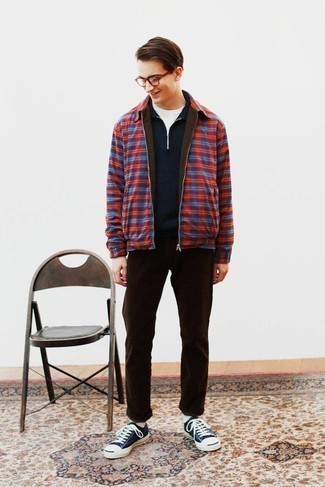 Dark Brown Chinos Outfits: If you feel more confident wearing something practical, you'll like this casual combination of a multi colored harrington jacket and dark brown chinos. Complement this outfit with navy and white canvas low top sneakers to keep the outfit fresh.