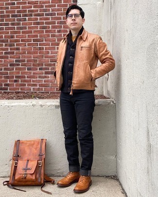 Black Pants with Brown Shoes Outfits For Men: A tan leather harrington jacket looks so great when paired with black pants in a casual ensemble. Brown leather casual boots are an effective way to infuse an extra dose of elegance into your look.