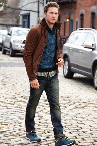 Men's Brown Harrington Jacket, Navy Shawl-Neck Sweater, Multi colored Plaid Long Sleeve Shirt, Navy Jeans