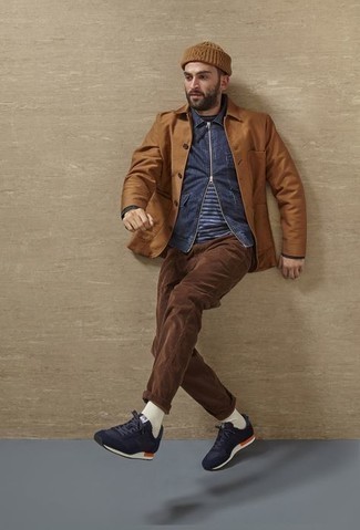 Tobacco Shirt Jacket Outfits For Men: For a never-failing smart option, you can never go wrong with this pairing of a tobacco shirt jacket and brown corduroy chinos. Navy and white athletic shoes are an effortless way to punch up your look.