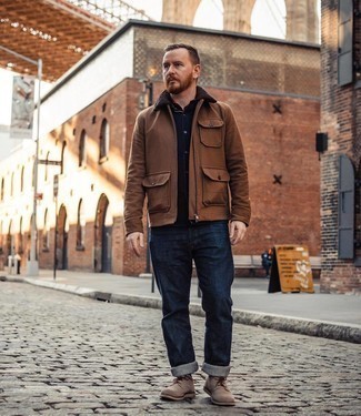 Navy Shirt Jacket Warm Weather Outfits For Men: This combo of a navy shirt jacket and navy jeans is clean, on-trend and extremely easy to replicate. Tan suede derby shoes are a simple way to give an element of polish to this look.
