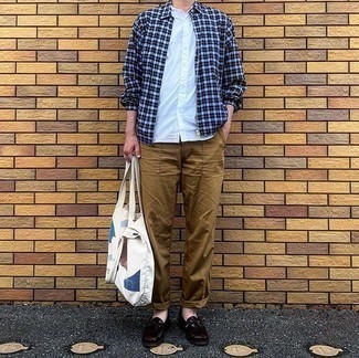 White Canvas Tote Bag Outfits For Men: Consider wearing a navy plaid harrington jacket and a white canvas tote bag for a relaxed take on day-to-day outfits. Add burgundy fringe leather loafers to the equation for an instant style boost.