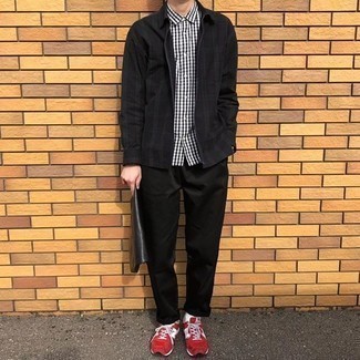 Red and White Athletic Shoes Outfits For Men: This casual combination of a black plaid harrington jacket and black chinos comes to rescue when you need to look casual and cool in a flash. Take your outfit in a more informal direction with a pair of red and white athletic shoes.