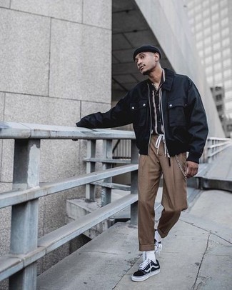 Black Beanie Outfits For Men: If you gravitate towards comfort dressing, why not take this combo of a black harrington jacket and a black beanie for a spin? For something more on the classy side to finish this outfit, introduce black and white canvas low top sneakers to the equation.